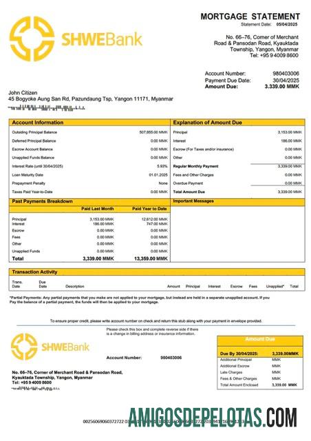 imprimível Modelo Word e PDF de extrato de hipoteca do Myanmar Shwe Bank